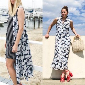 CAbi Cloudy Sky Floral Sleeveless Blue Maxi Shirt Dress